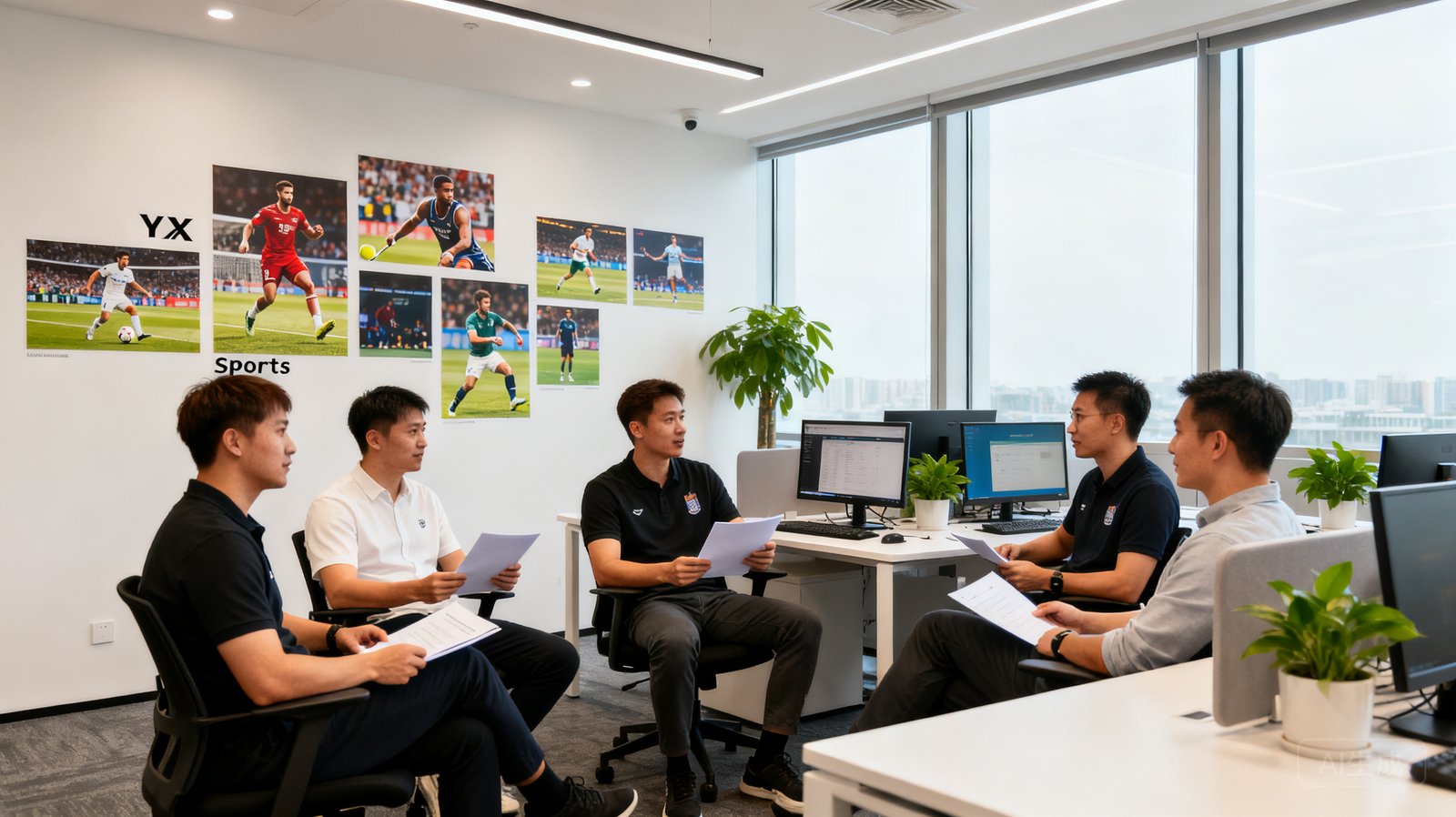 爱游戏体育AYX Sports核心团队成员在现代化开放式办公室内讨论项目，墙上有体育赛事海报