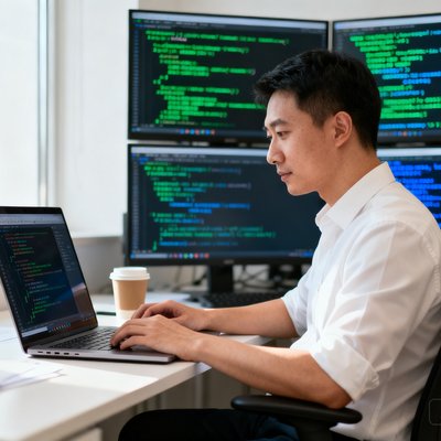 爱游戏体育CTO王泽宇，正在使用笔记本电脑，背景是代码屏幕